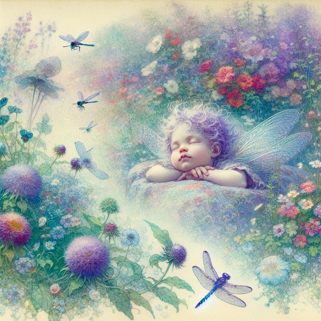 A Dreamy Purple Fairy in a Whimsical 19th-Century Garden