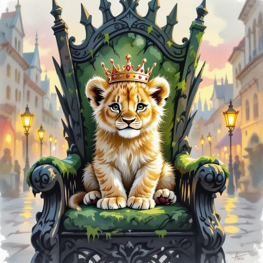 Fluffy Lion Cub Crowned on Ancient Iron Throne