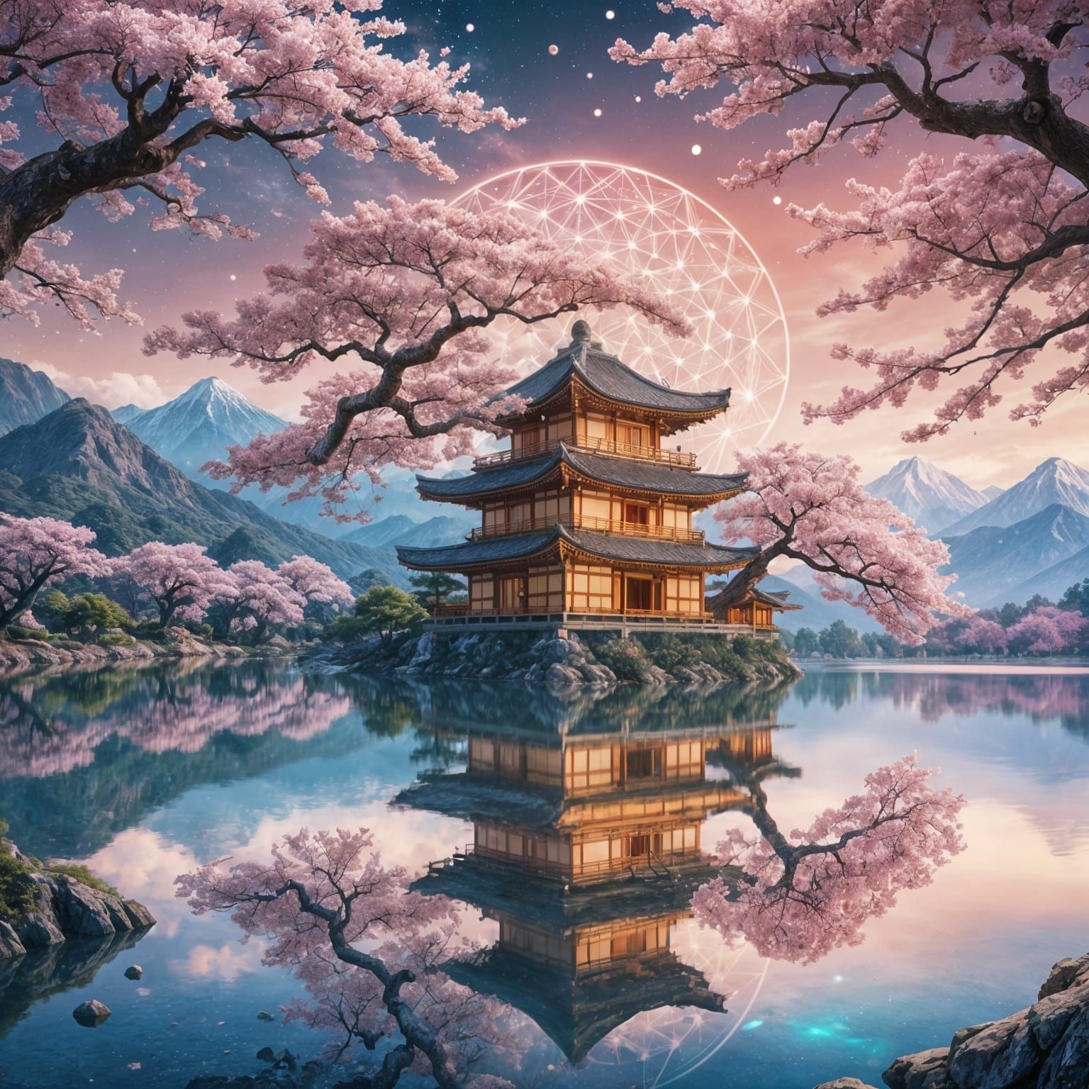 Ethereal Sakura Tree Landscape in Cosmic Style