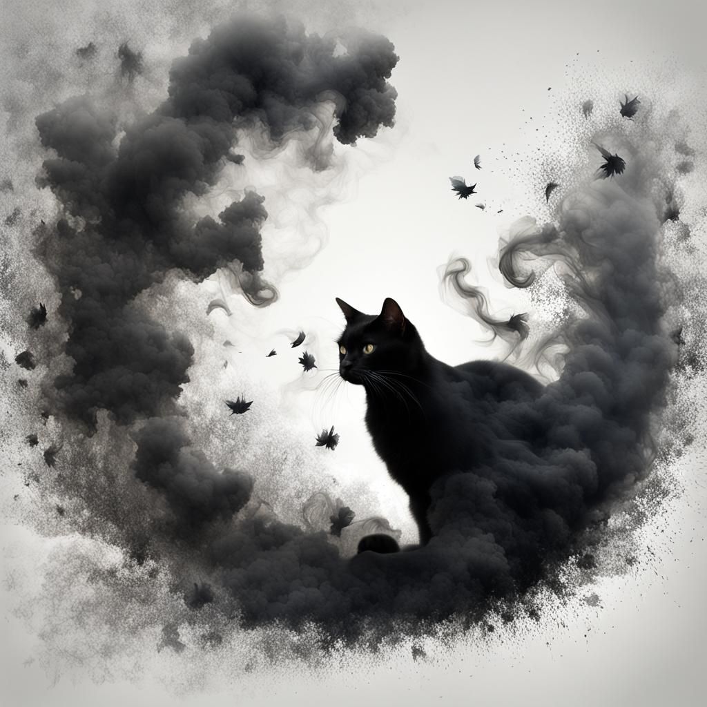 Abstract Black Cat Disintegrating into Smoke, Digital Art