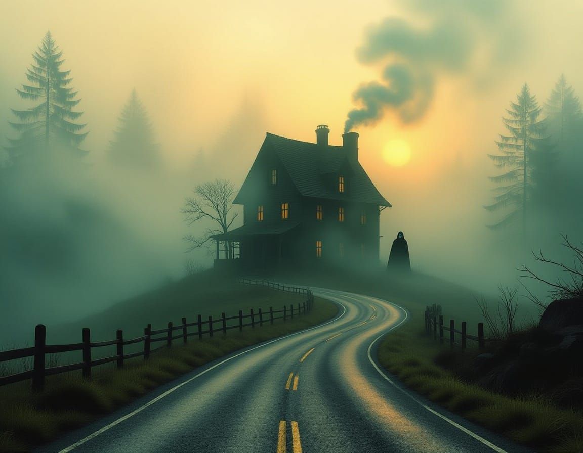 Witch's House on Misty Road in Dark Fantasy Art Style