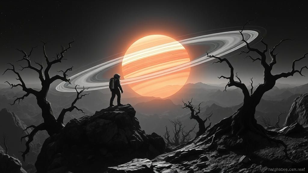Cosmonaut Contemplates Saturn-Like Planet on Distant Horizon