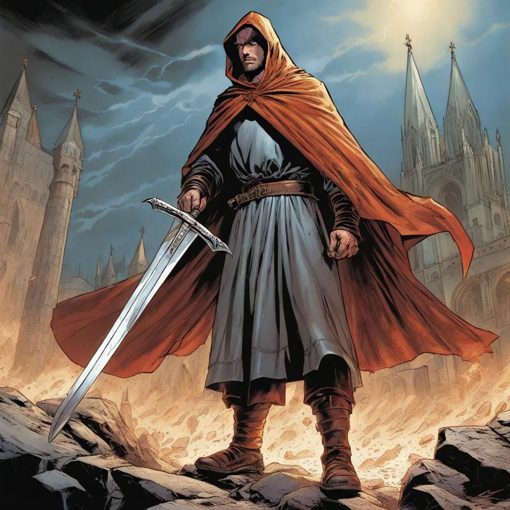 Crusades Monk with Sword in Comic Book Style