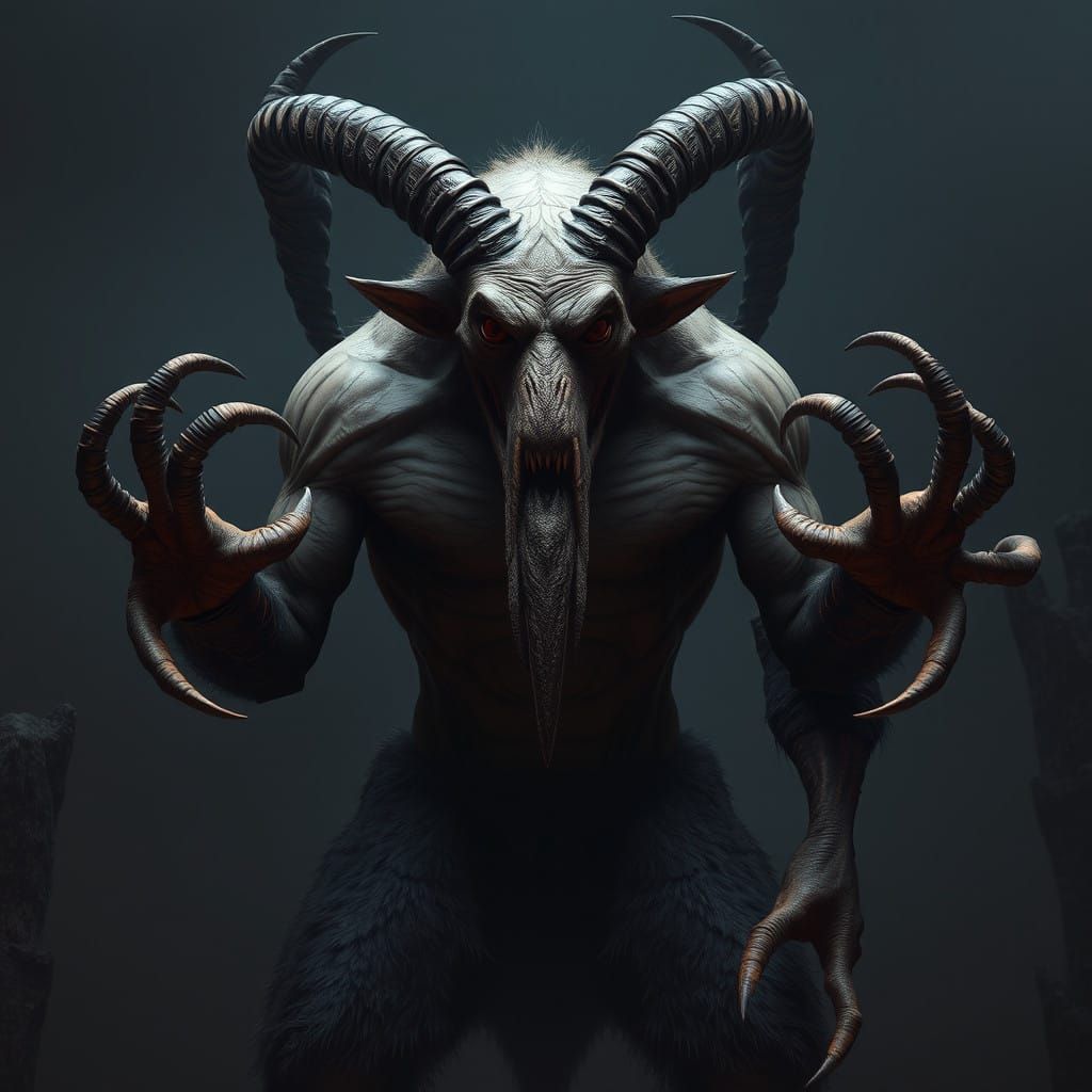 Towering, Bearded Wolf Demon with Ram's Horns and Six Eyes,...