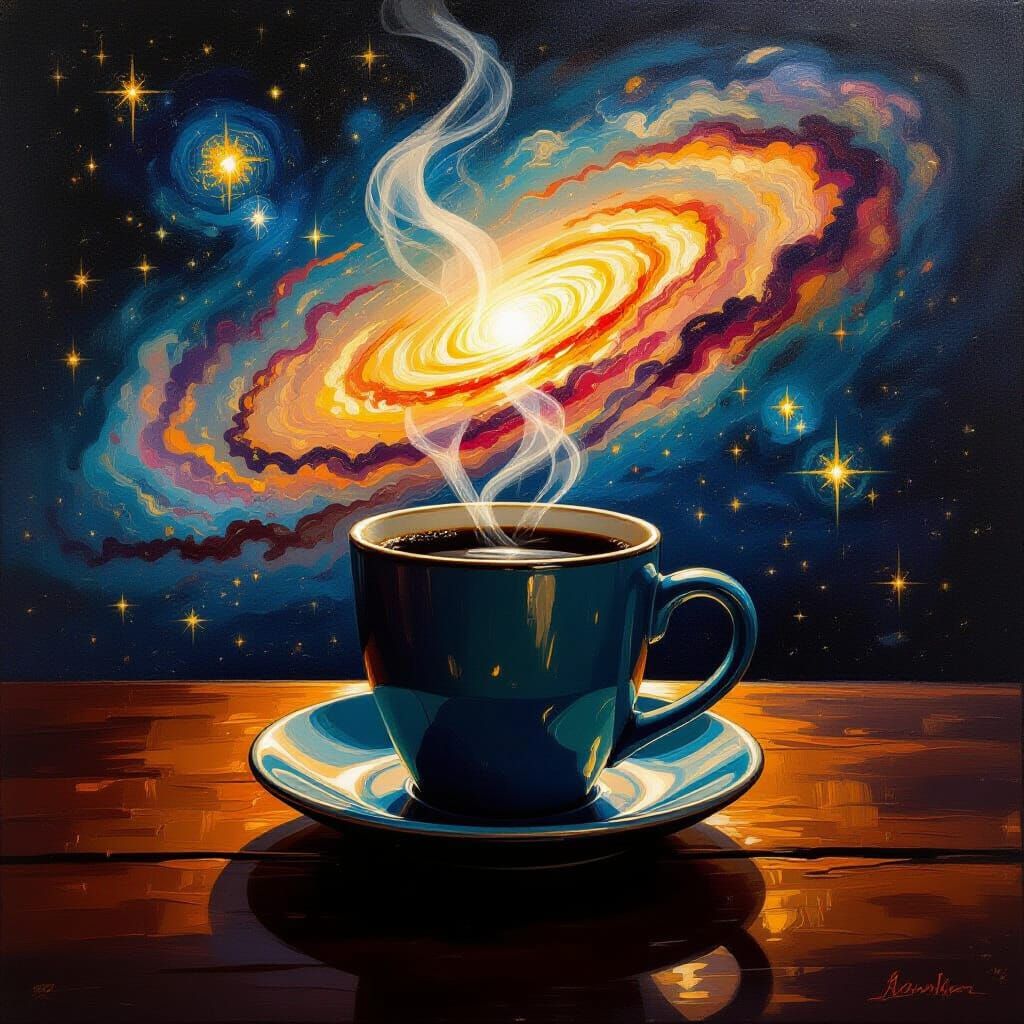 Cosmic Coffee Mug Oil Painting with Nebulae