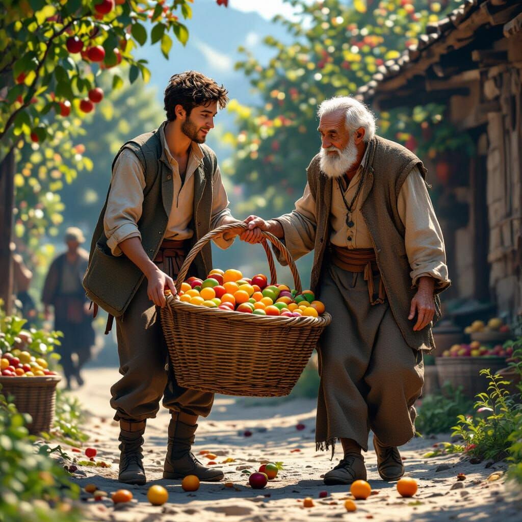 Adam Helps Old Man Carry Fruit Basket in 3D Cinematic Style