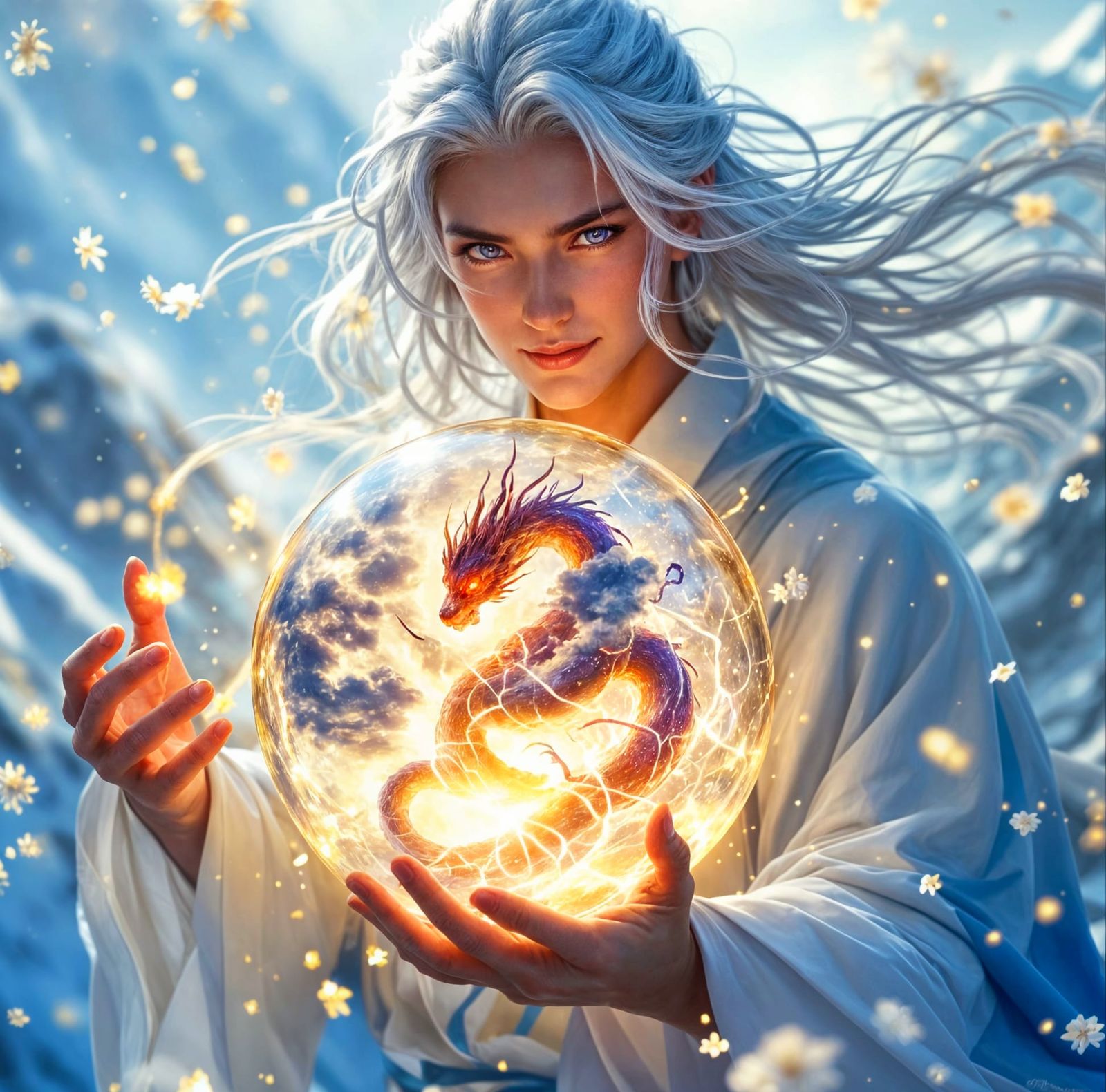 Anime Masterpiece: Man Holds Fiery Serpent in Light Sphere