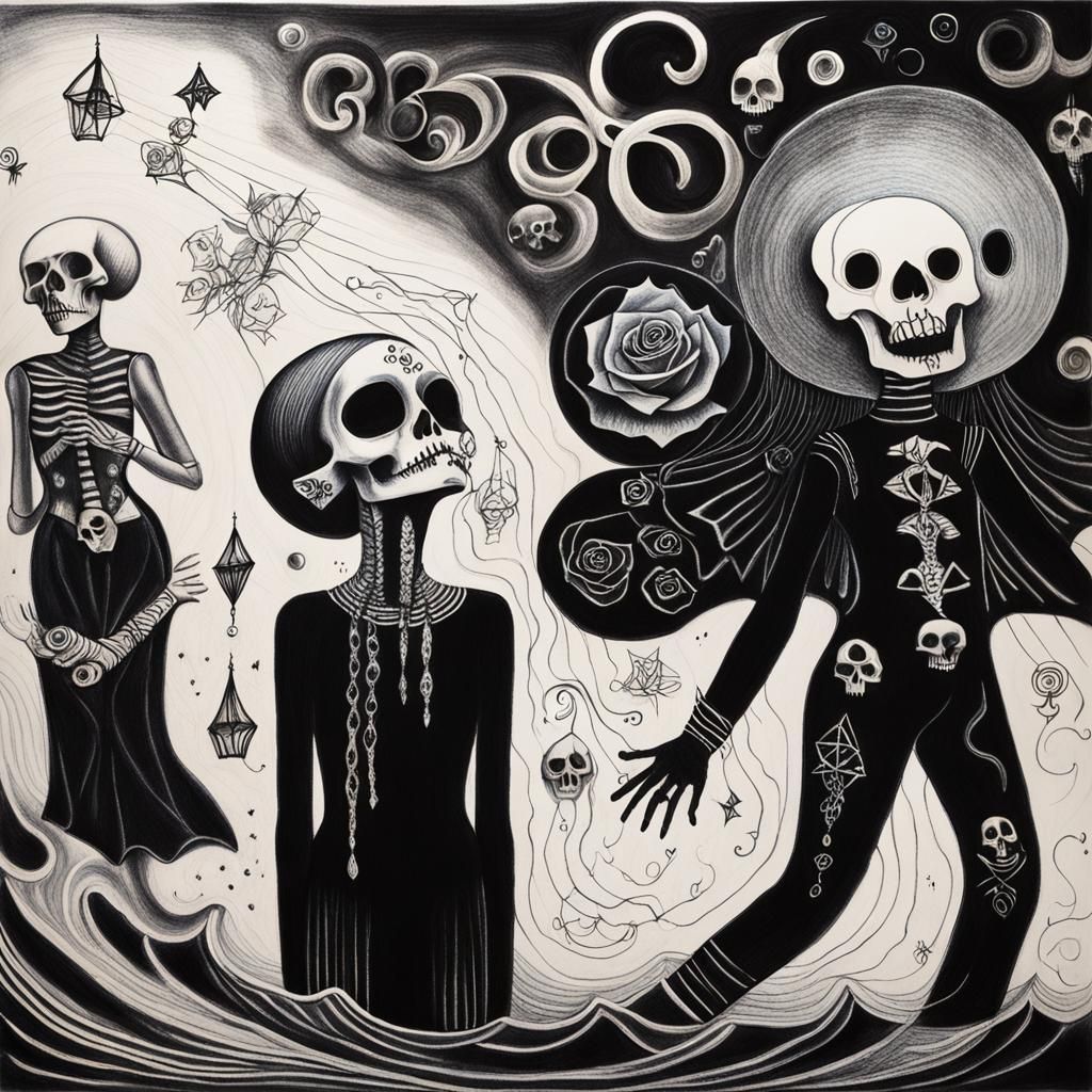 Surreal Crayon Drawing: Goth Woman in Darkness