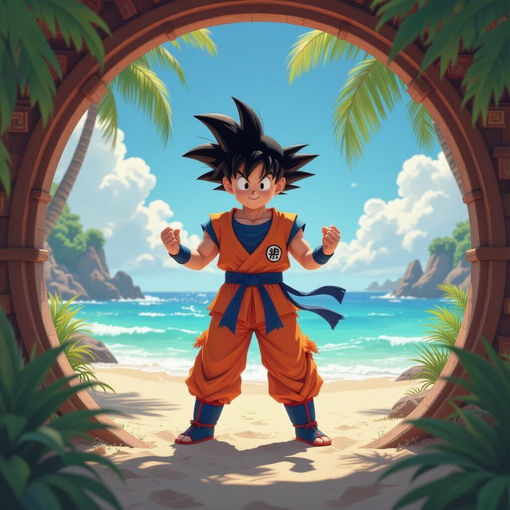 Goku on Vibrant Beach as Fantasy Concept Art