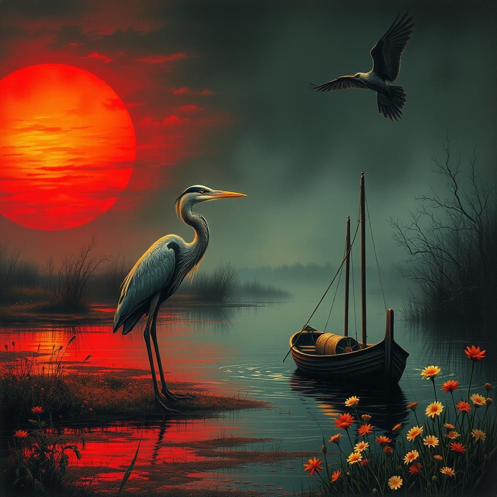 Heron at Sunset in Vibrant Color Print Art