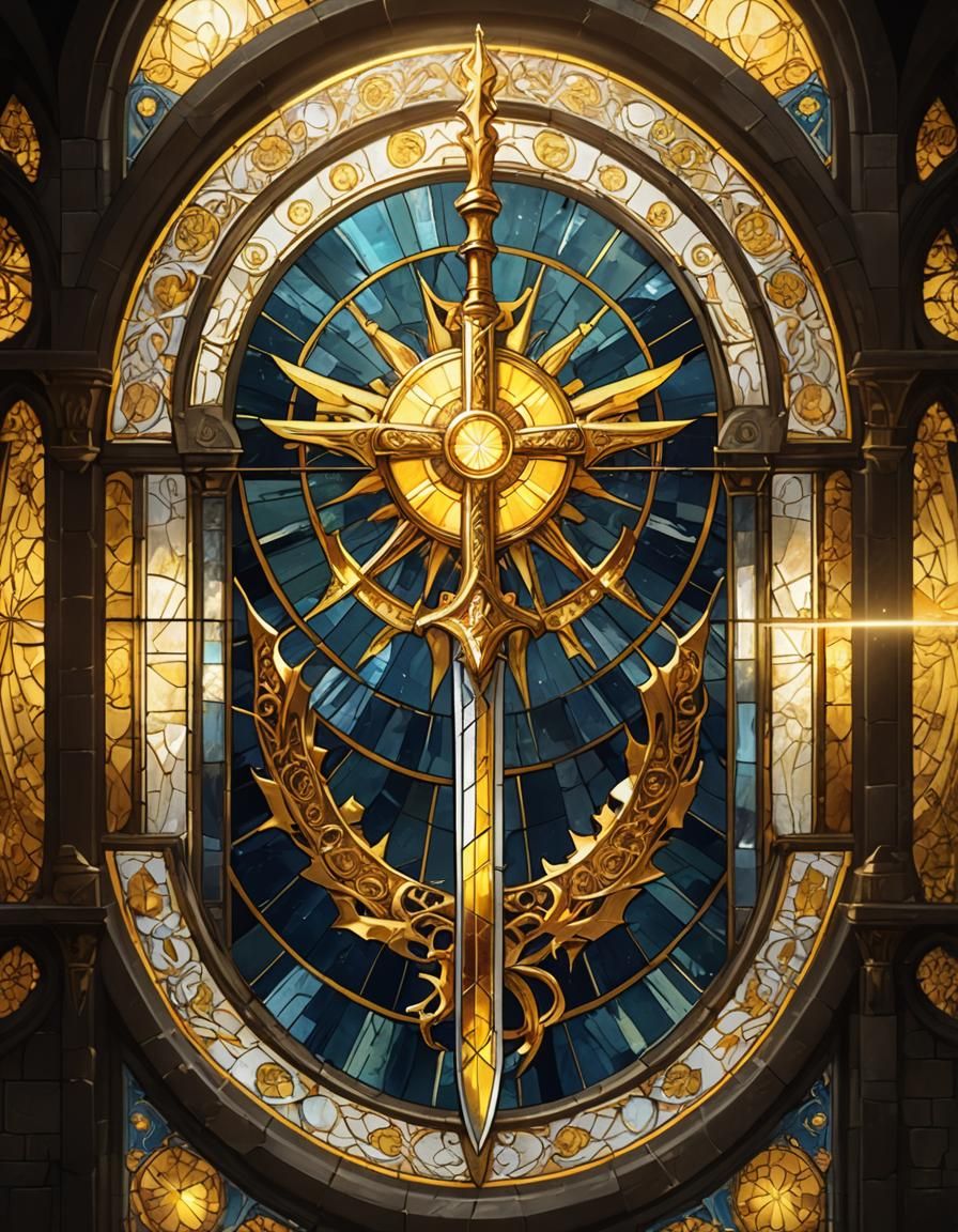 Stained Glass Golden Sword with Glowing Runes