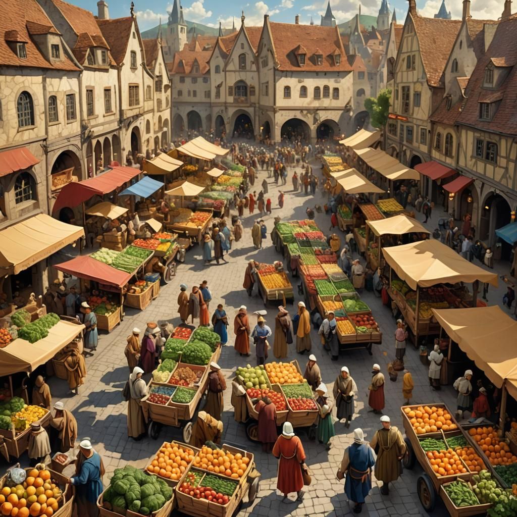 Fantasy Farmer's Market in Medieval Town Square