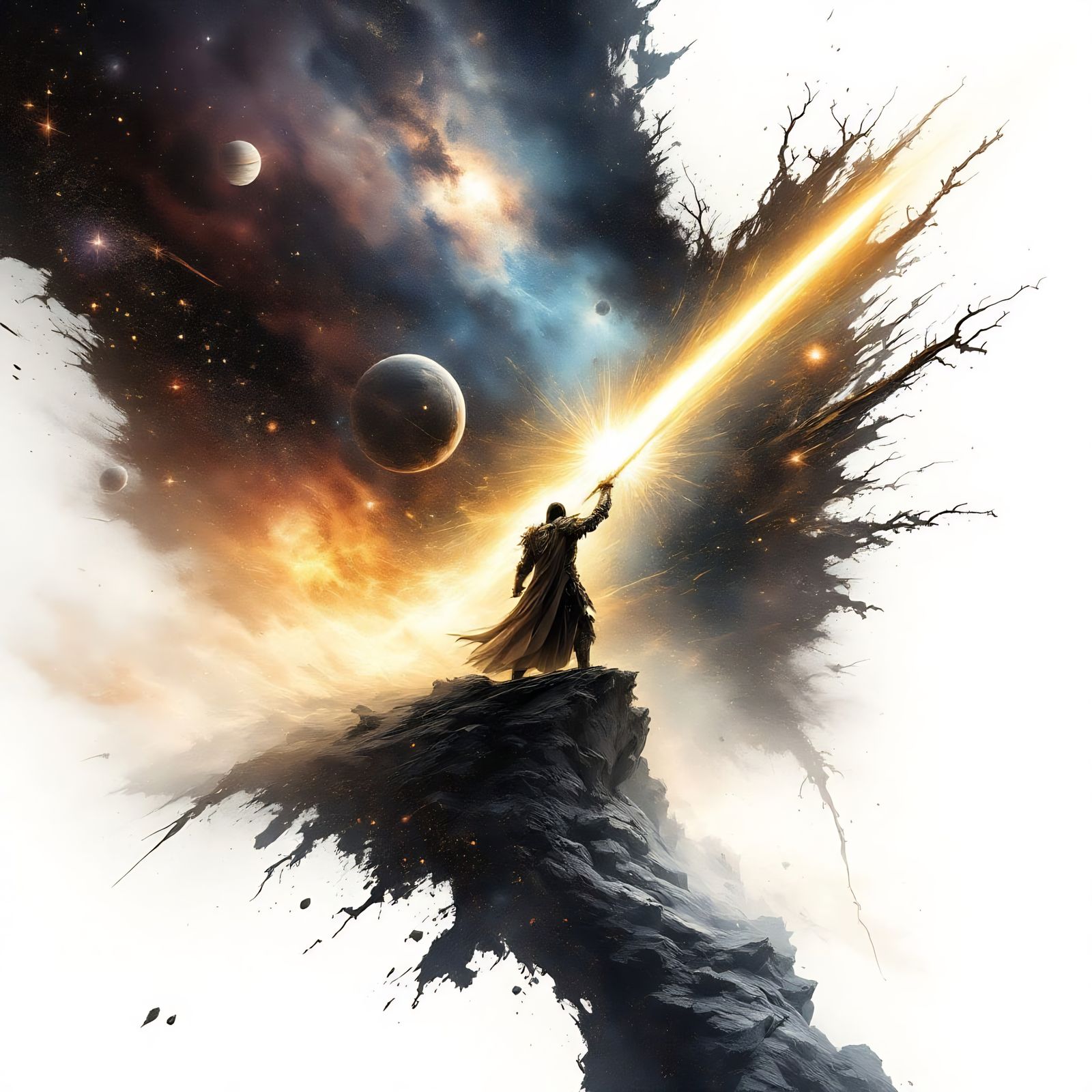 Ethereal Swordsman Cuts Through Reality in Cosmic Landscape