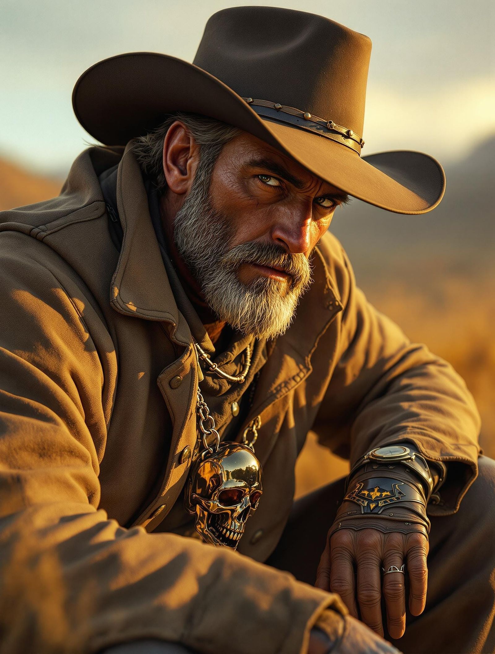 Rugged Cowboy Portrait with Statement Skull Necklace