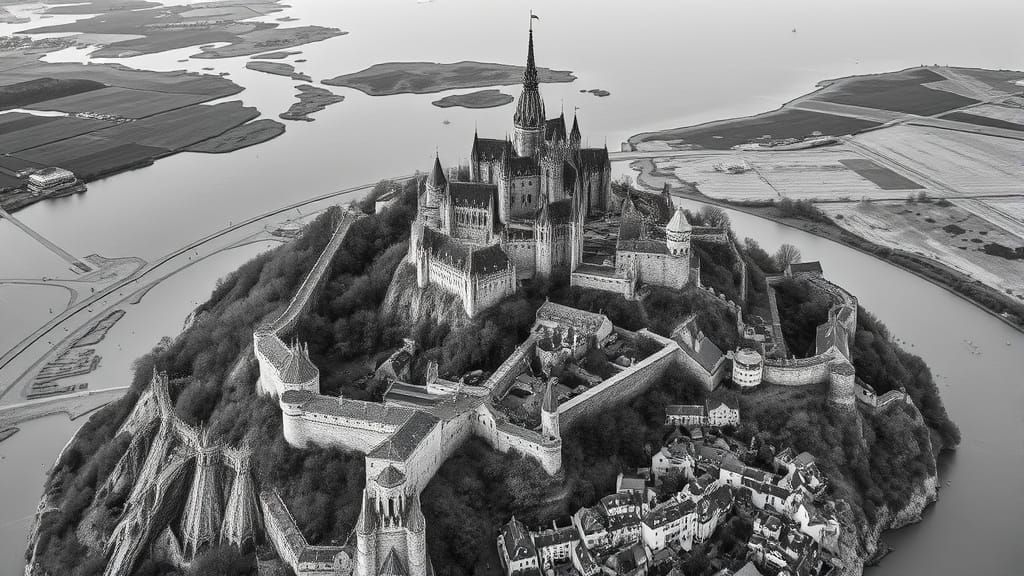 bird's eye view of the French medieval city of Mont saint Mi...