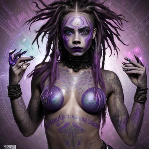 Rainbow Cyberalien with Tribal Tattoos, Solarpunk Style