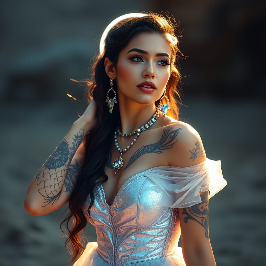 Woman with Galaxy Tattoos in Dreamlike Setting