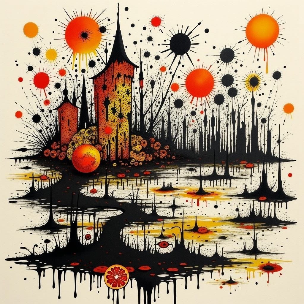 Doodle Landscape with Steampunk Elements and Ink Details