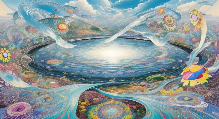 Kaleidoscopic Garden in Surreal Style, Flowing River