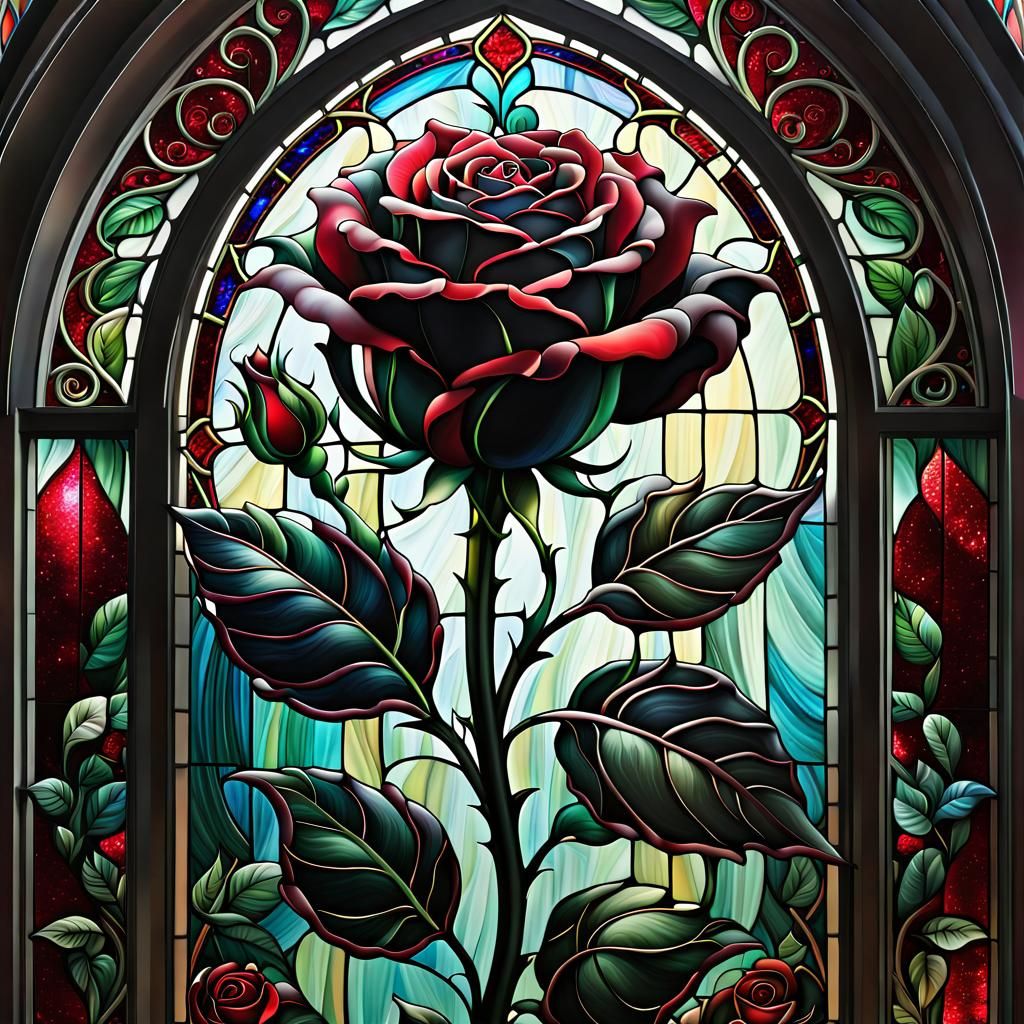 Black Rose Before Stained Glass: Hyperdetailed Airbrush Art