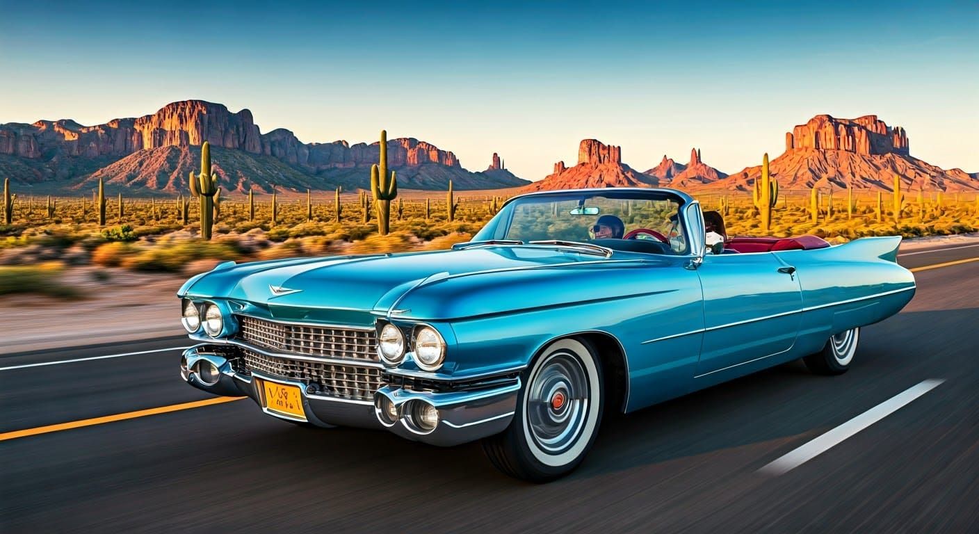 Sleek Chrome Cadillac Rides Desert Highway Amidst Towering M...