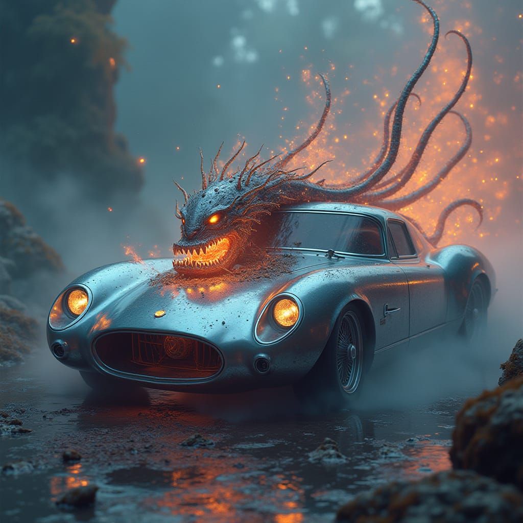 Car Devouring Mystical Creature in Dreamlike Setting