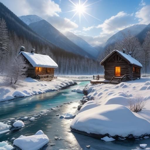 Icy River Hut Bathed in Heavenly Sunshine