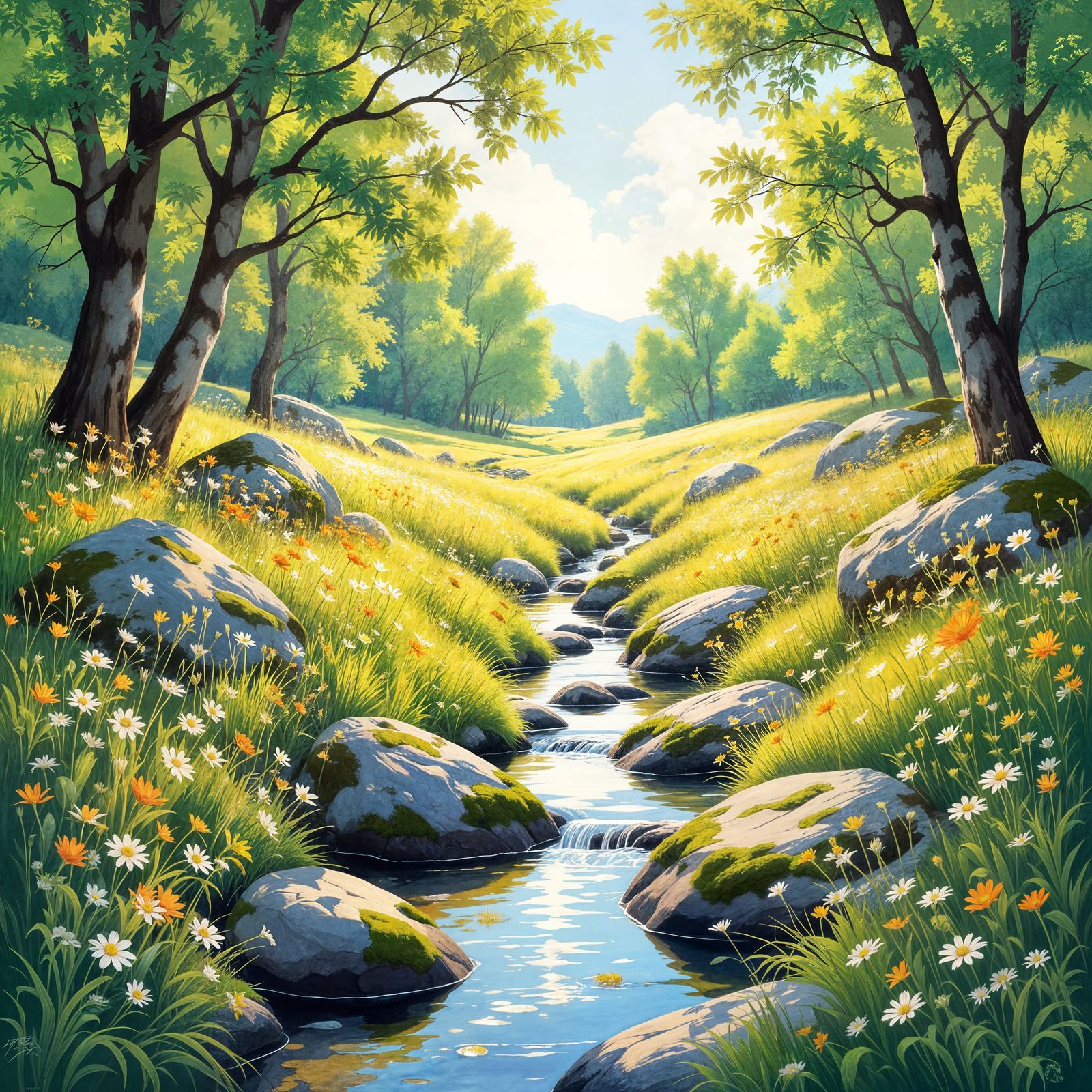 Sun-Drenched Meadow with Gentle Stream