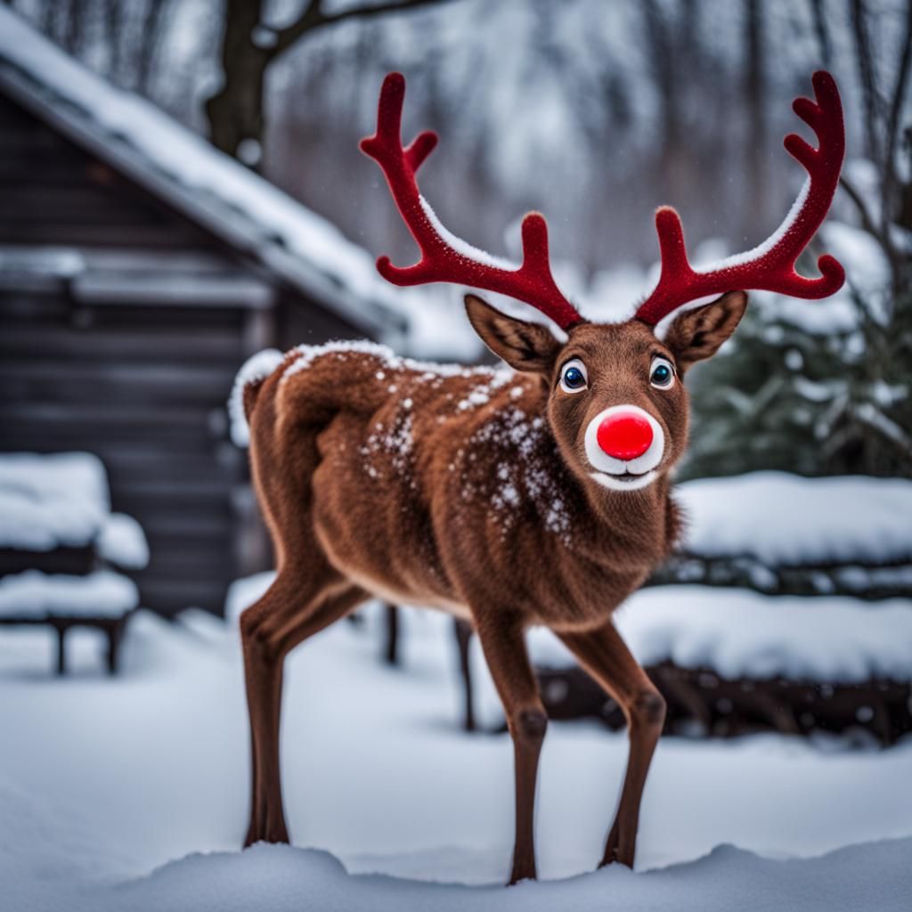 Glowing Red-Nosed Reindeer in Winter Snow