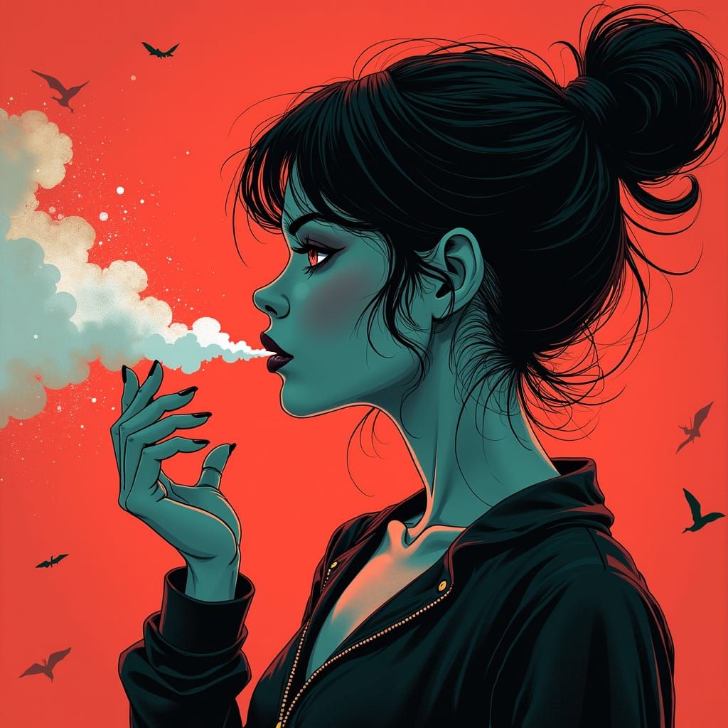 Girl in Comic Style Blows Smoke Rings as Angels and Demons S...