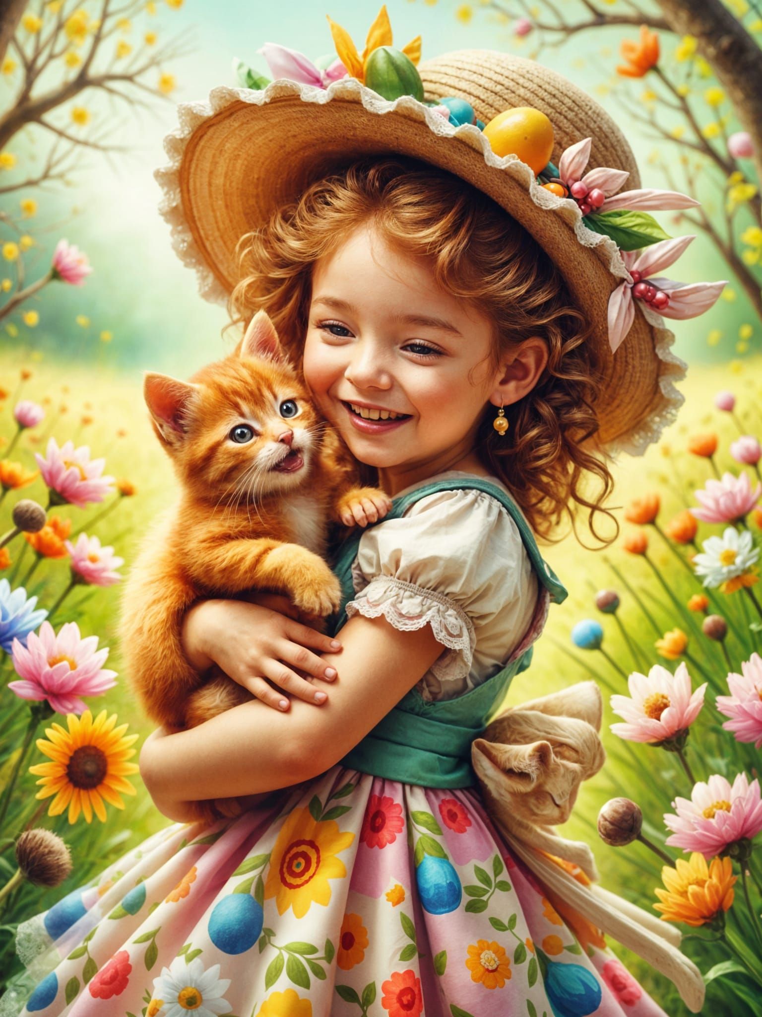 Joyful Easter Girl with Kitten in Colorful Dress