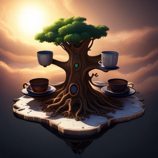 Fantastical Coffee Cup Tree with Colorful Background