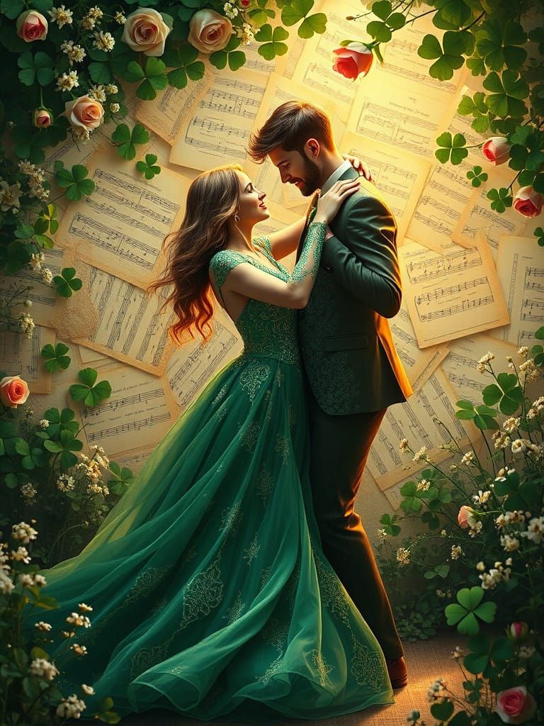 Romantic Irish Couple Dancing Amidst Whimsical Patchwork