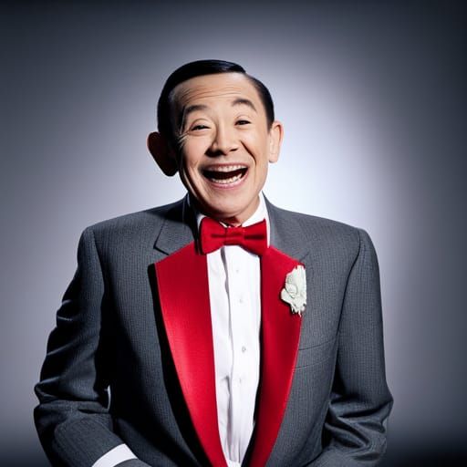 Photo of Pee Wee Herman sitting in a grey suit with a red bo...