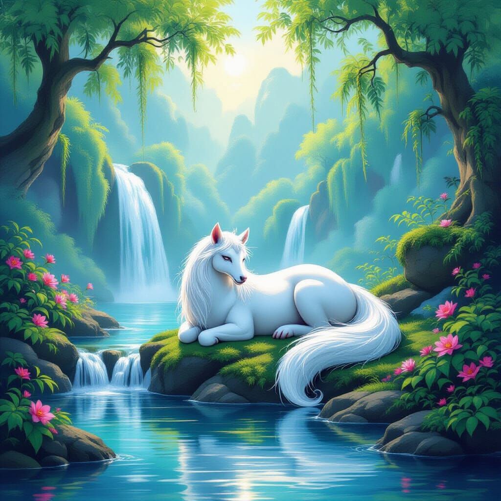 Airbrushed Mural of Mythical Creature by Waterfall