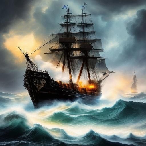 Xebec Ship Battles Stormy Seas: Impressionist Seascape