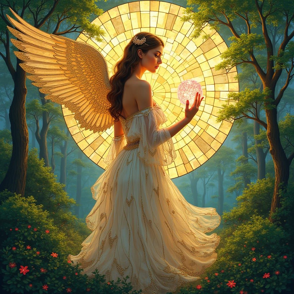 Golden-Winged Angel in Mosaic Landscape