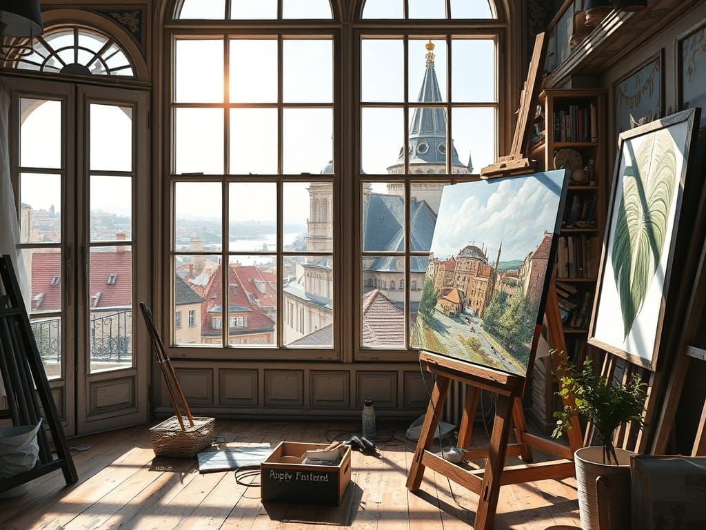 Artist Studio Scene with European City View