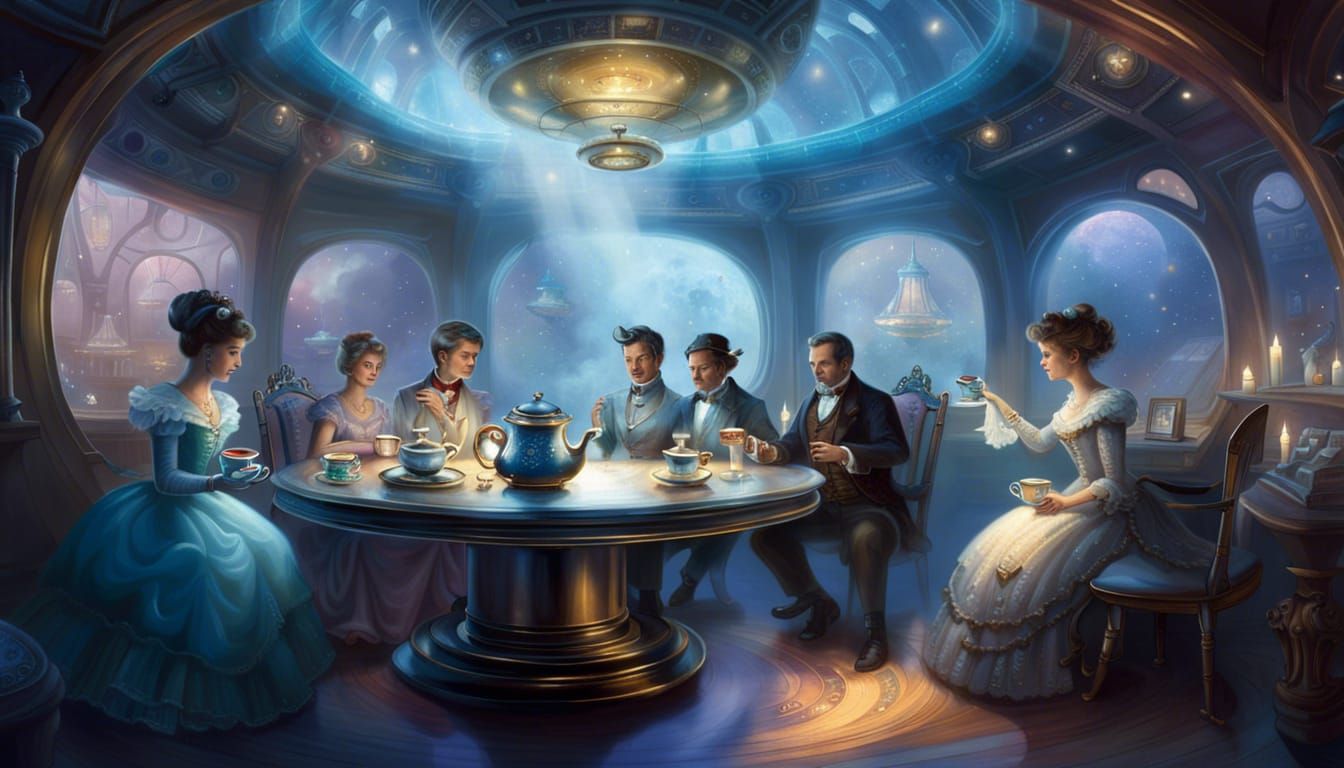 Victorian Tea Party Aboard a Futuristic Spaceship