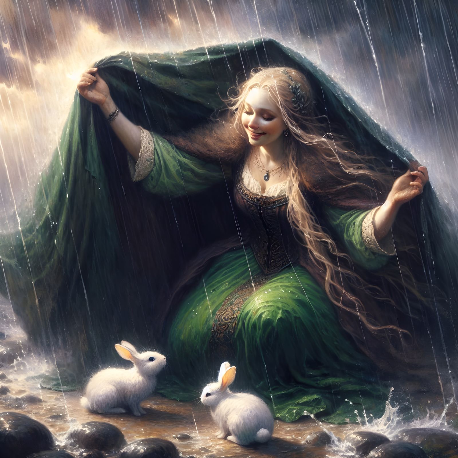 Norse Goddess Shelters Rabbits from Summer Storm