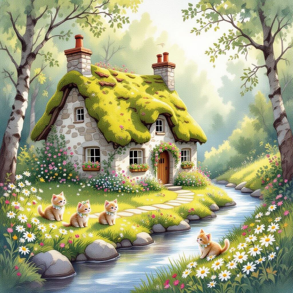 Whimsical Cottage Scene with Kittens in Watercolor Style