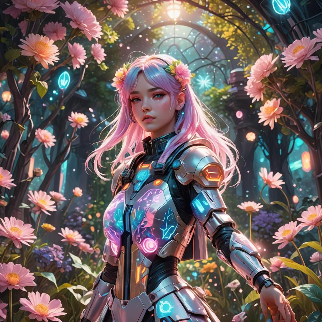 Magical Girl in Glowing Garden: Pastel Digital Art