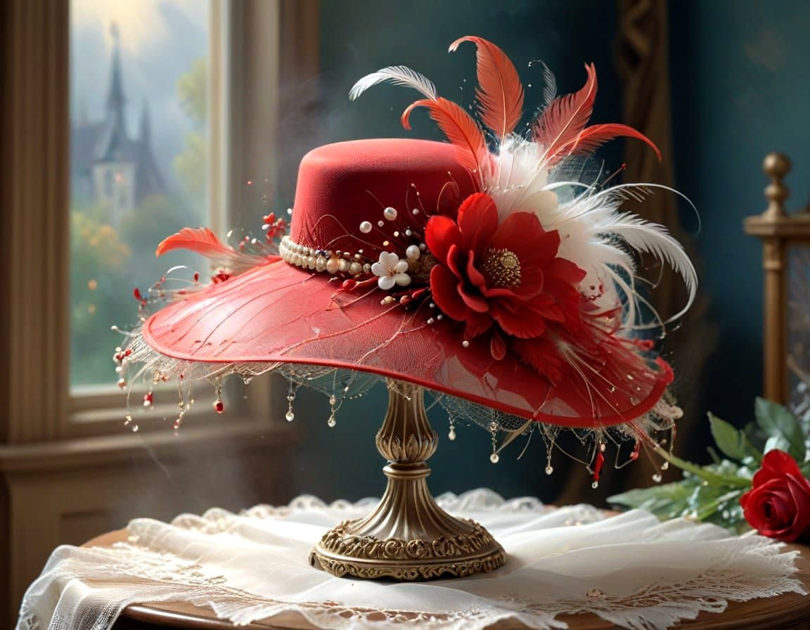 Elegant Red Fascinator Hat with Veil and Embellishments