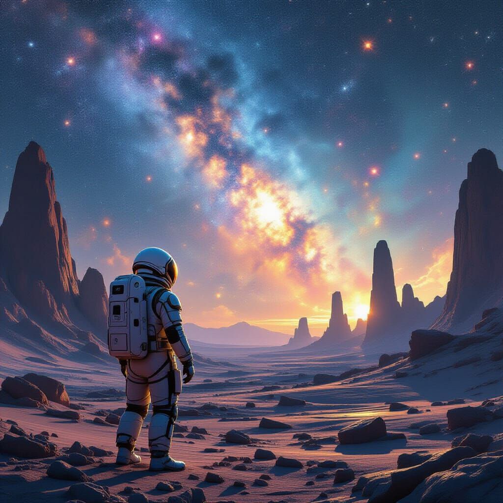 Astronaut Gazes at Alien Sky Amidst Crystalline Formations