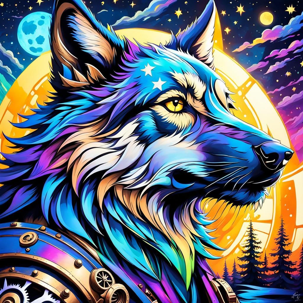 Steampunk Fantasy Wolf Howling Under Starry Moon