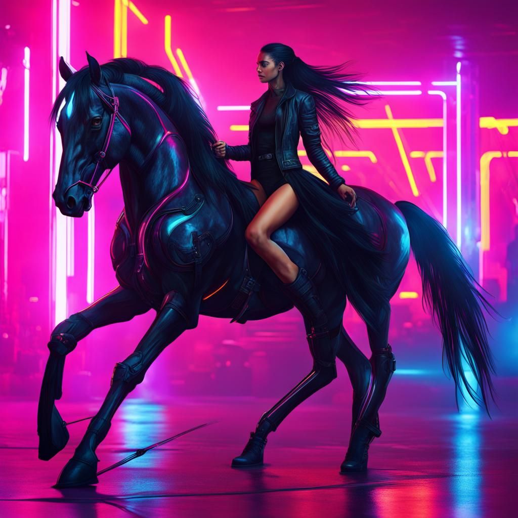Cyberpunk Rider on Black Horse in Neon City