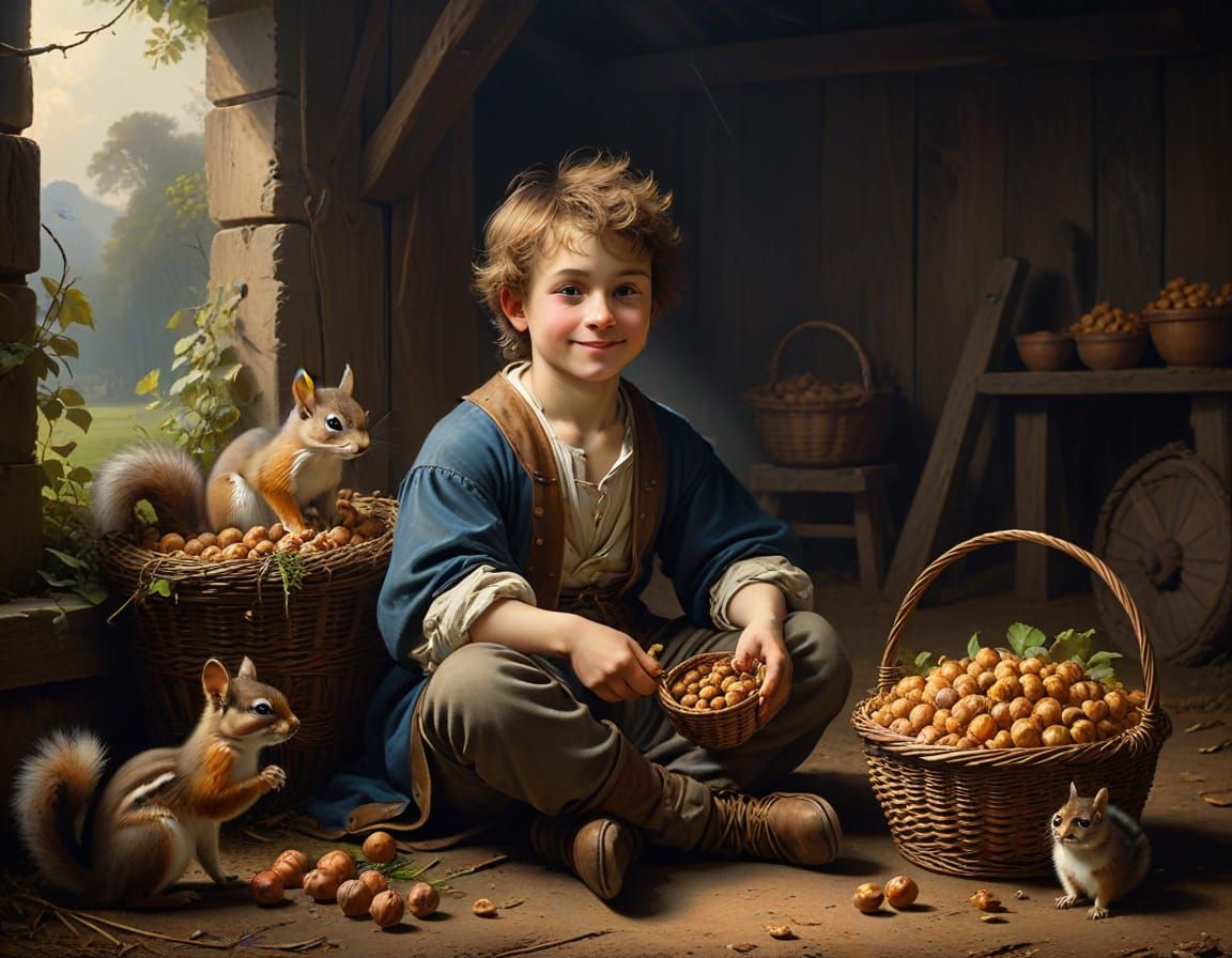 Peasant Boy Shares Harvested Walnuts with Woodland Friends