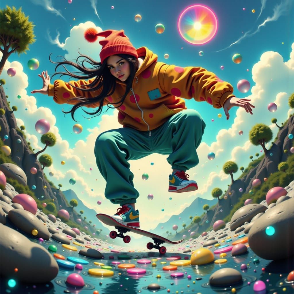 Skater Girl in Retro 80s Hyperrealism