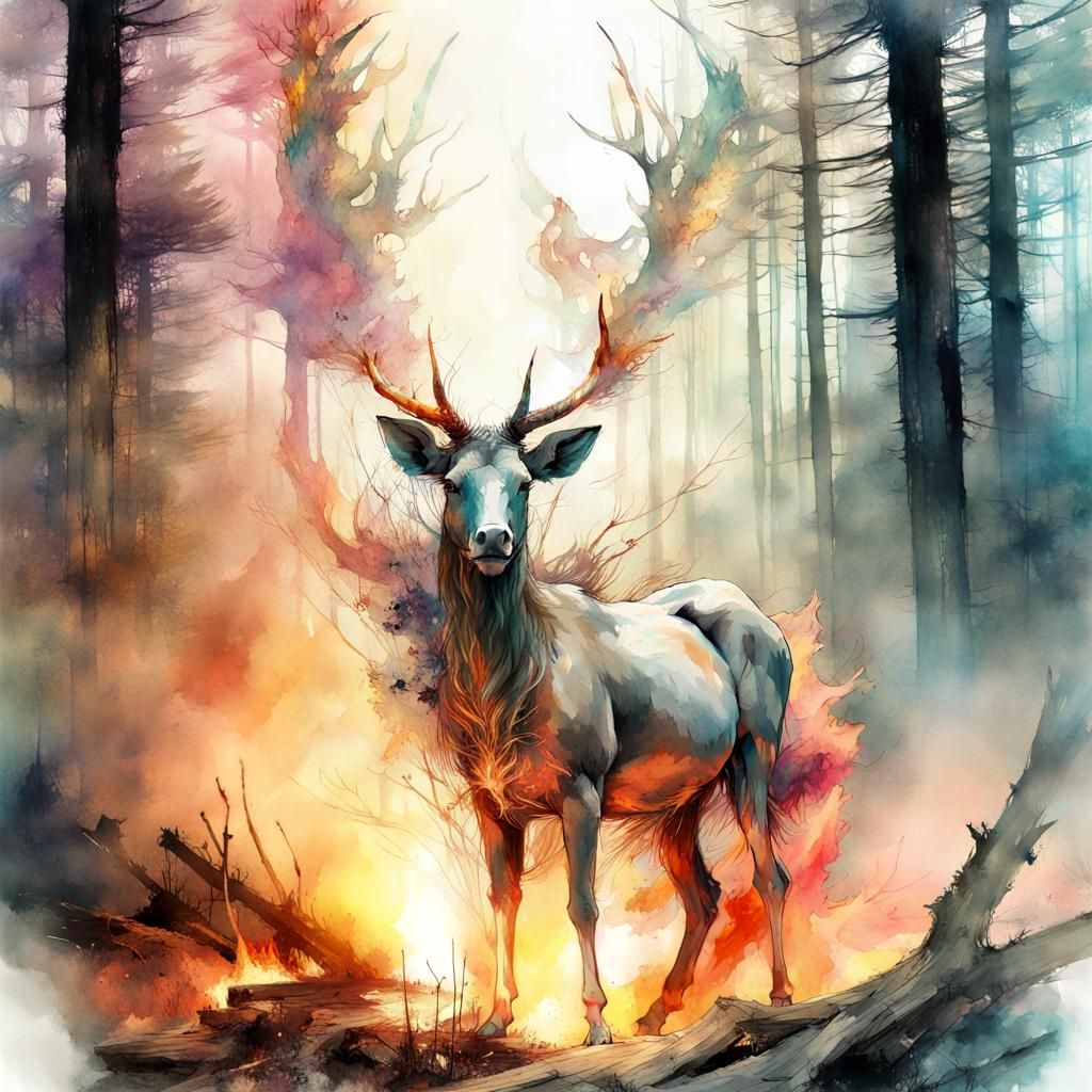 Animals Trapped in Burning Forest: Watercolor Art