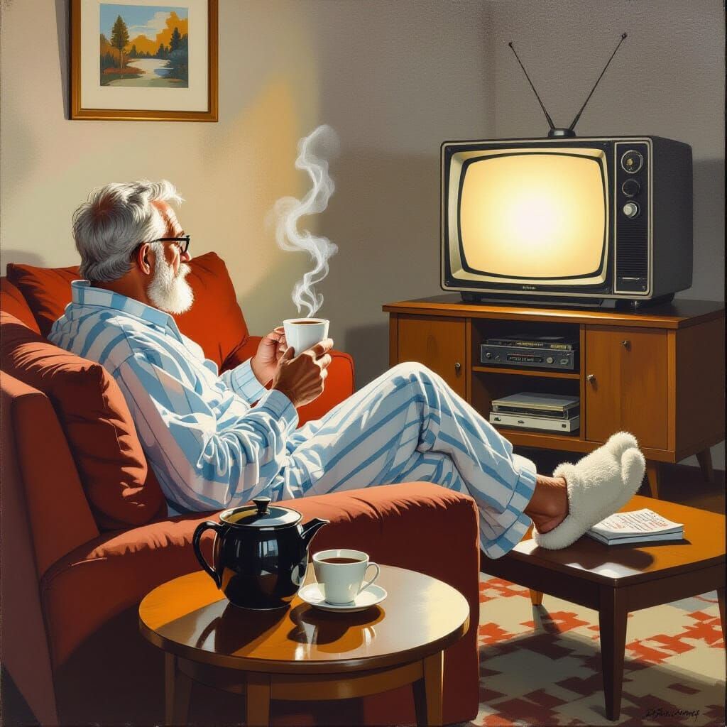 Man Relaxing in 1960s Lounge, Oil Painting